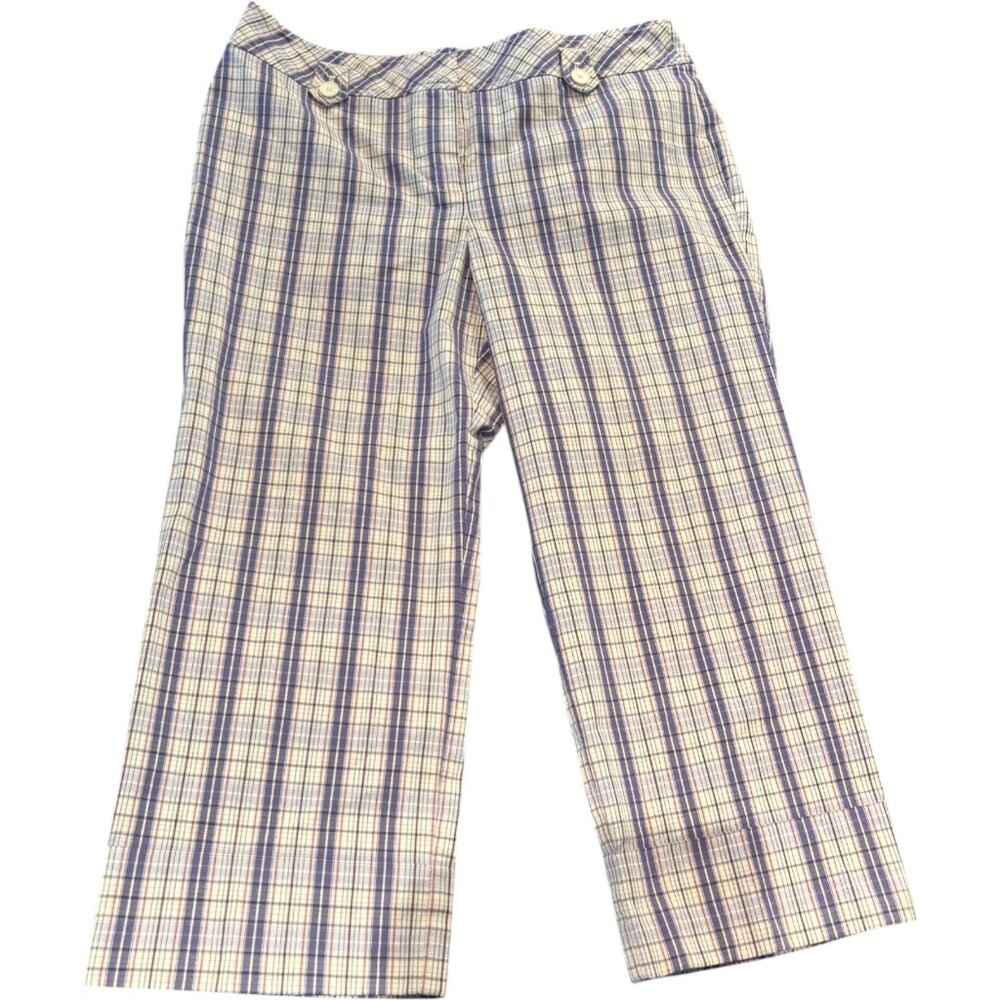 Ann Taylor Women's Plaid Checkered Pants Sz 12 Purple White Cropped Trousers EUC